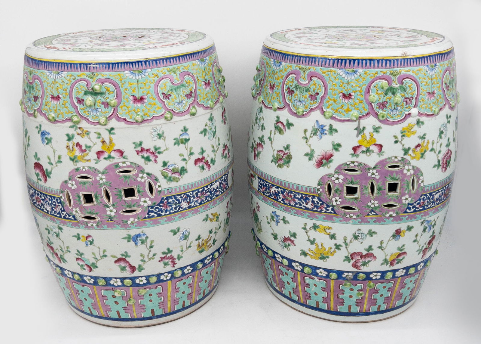 Pair of Chinese Famille Rose Garden Stools (1 of 7)