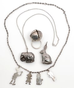 3 silver baby rattles and children's charm necklace