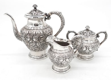 3pc Kirk & Sons Floral Repousse Sterling Silver Tea Service
