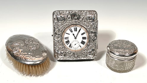 3pc English Sterling Silver Vanity Set with Cupids