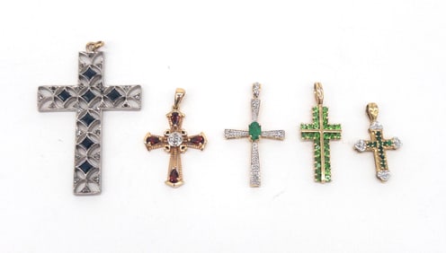 Five (5) 10/14k Gold & Gemstone Cross Pendants
