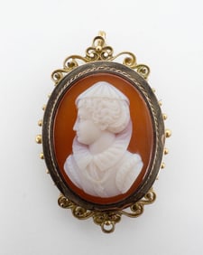 14k gold hard stone cameo brooch/pendant