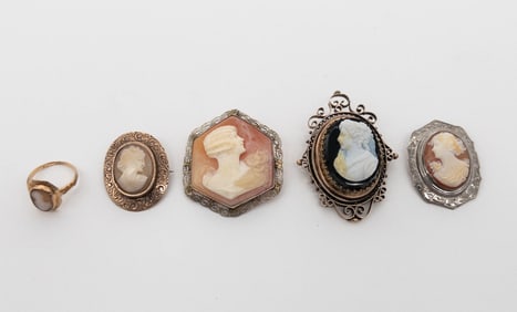 5pc 10k gold cameo pins & cameo ring