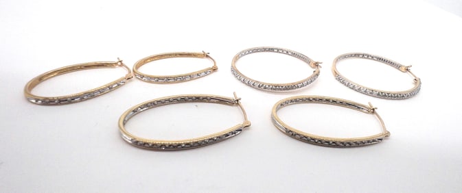 Three (3) 10k Gold & Diamond Hoop Earrings