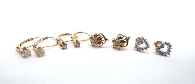 Four (4) Pairs of 14k Yellow Gold & Diamond Earrings