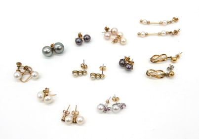 Twelve (12) Pairs of Gold & Pearl Earrings