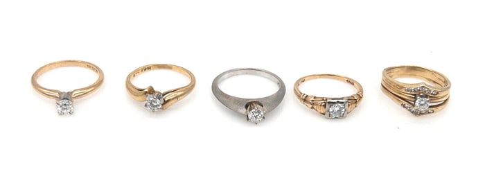 Group of Five (5) 14k Gold Diamond Solitaire Rings