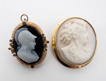 Two cameos, 18k brooch/pendant, 14k brooch