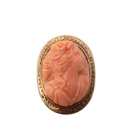 14k Yellow gold and carved coral cameo ring