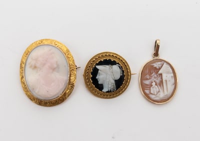 (3) 14k gold cameos, two pins and one pendant