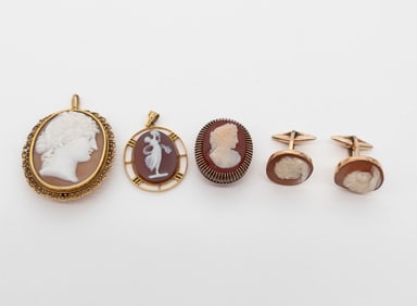 5 Piece 14k Gold Cameo Lot, Button, Pendants, Brooch