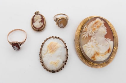 5 Piece 10k Gold Cameo Lot, 3 brooches, 2 rings