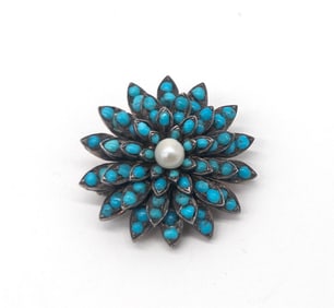 10k Yellow gold turquoise and pearl flower brooch