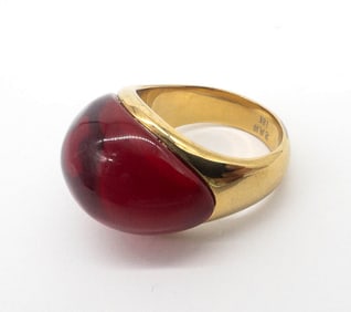 18k Heavy Yellow Gold & Modern Red Glass Dome Top Ring