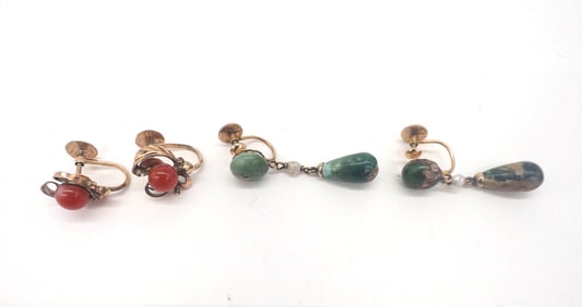 14k Gold Turquoise Earrings & 18k Gold Coral Earrings