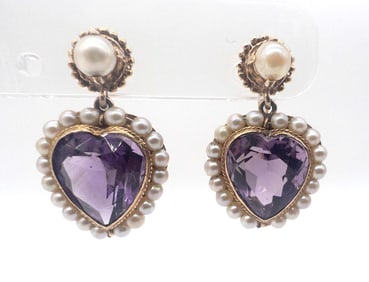 14k Yellow Gold Amethyst & Pearl Heart Earrings