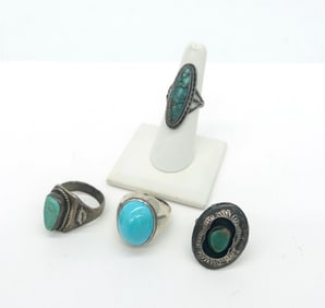 Group of 4 Native American Turquoise Sterling Silver Rings