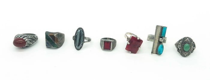 Group of 7 Sterling Silver Rings with Various Stones
