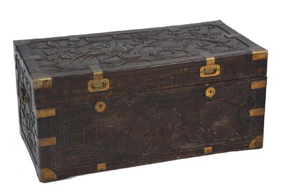 Chinese camphorwood brass bound carved trunk