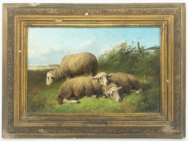 Henri de Beul (Belgian, 1845-1900) "Sheep in Landscape" Oil on Board