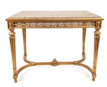 19th C. French Stone Top Carved Table