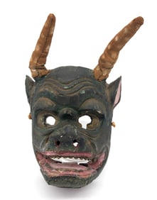 Japanese Carved Wood Noh Devil Mask with Horns
