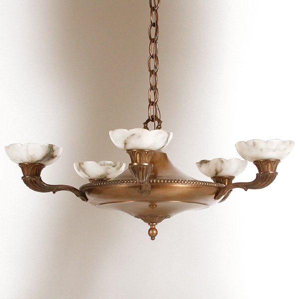 Alabaster 5 Light Chandelier: Alabaster 5 Light Chandelier, the brass fixture features 5 scallop cut alabaster cups, 37"h x 27"d, good condition.