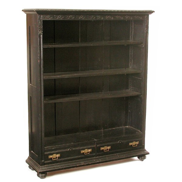 Victorian Ebonized Bookcase: Victorian Ebonized Bookcase, with carved shelf top, pressed wood front and two drawer base, 57"h x 46"w x 13"d, very good condition.