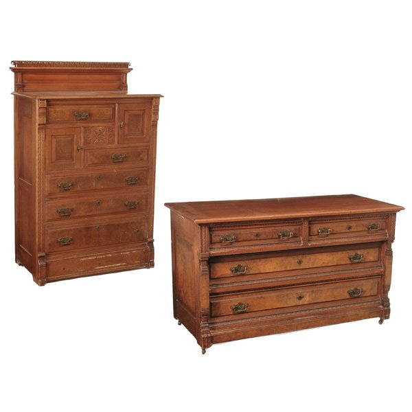 American Eastlake Walnut Highboy & Dresser, 19th c: American Eastlake Walnut Highboy & Dresser, 19th c, both spoon carved with original hardware and finish, highboy 57" h x 36" w x 20" d, dresser 29" h x 55" w x 25" d, very good condition.