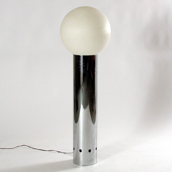 Robert Sonneman Chrome Lamp: Robert Sonneman cylindrical form chrome floor lamp with round molded plastic globe (4" tear at base of globe), 50"h, inscribed at base, good condition.