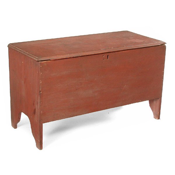New England 6 Board Blanket Chest: New England 6 Board Blanket Chest, with lift top, storage box interior, boot jack sides with original red paint and hinges, 25"h x 42 1/2" w x 19"d, good condition.