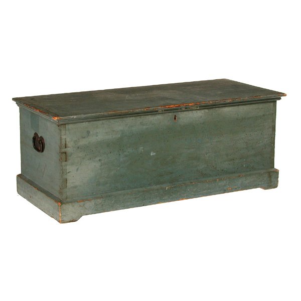 New England Chest: New England Chest, with lift top, brass handles and original blue milk paint, fitted interior with lift top compartment and lower locking drawer, 14 1/2" h x 36 1/2"w x 16"d, very good original condit