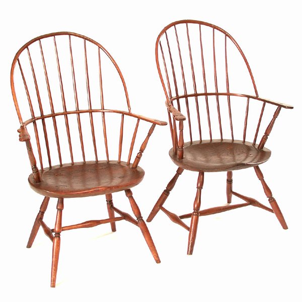 Two Windsor Armchairs, 18th c: Two Windsor Armchairs, 18th c, with hoop backs over carved seats on well turned H stretcher bases, 38 1/2"h x 26"w x 16"d, good original condition.