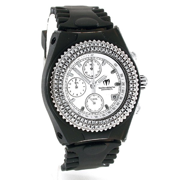 Diamond "TechnoMarine" Watch: Women's TechnoMarine watch, Swiss Chronograph, bezel of two rows of diamonds, on new black strap, accompanied by new clear/white strap, good working condition.