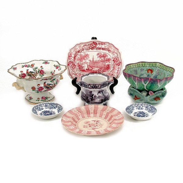 Lot of English Stoneware: Lot of English Stoneware including; Old Indian Tree style footed bowl, pair of Ironstone "Clifton" berry bowls, small Davenport transfer decorated platter, Davenport transfer decorated sugar bowl (mis