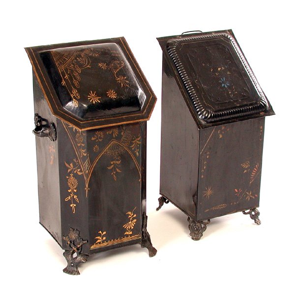 Two English Tole Coal Scuttles: Two English Tole Coal Scuttles, 19th c, painted black with gilt decoration on stylized feet, tallest 23", good original condition.