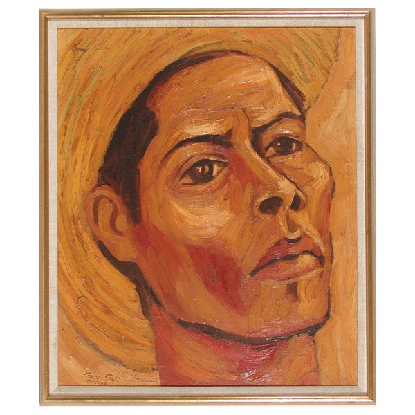 Moshe Gat (Israeli, 1935 - ) Oil Painting: Moshe Gat (Israeli, 1935 - ), Man With Straw Hat, oil on canvas, signed "Moshe Gat Mexico 58" lower left, 26" x 22" plus frame, very good original condition.