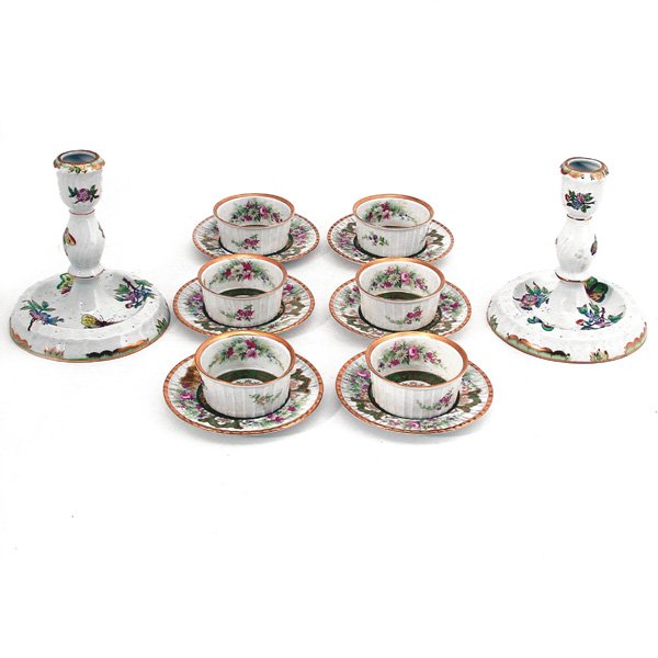 Lot Of Continental Porcelain: Lot of German Porcelain including a set of 6 hand decorated R&G Bavarian China ramkins and underplates together with a pair of Herend 6" candlesticks, both stamped on bottom, good condition.
