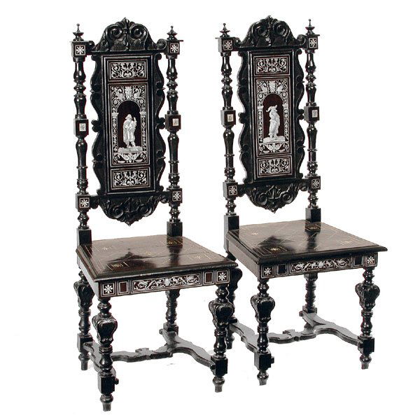 Ebony & Ivory Inlaid Chairs, Plucknett of Warwick: Ebony & Ivory Inlaid Chairs, Italian 19th c, with ebonized carved backs having inlay depicting figures in 17th c dress, over ebony seats with ivory inlay on carved legs over carved stretcher base, 49
