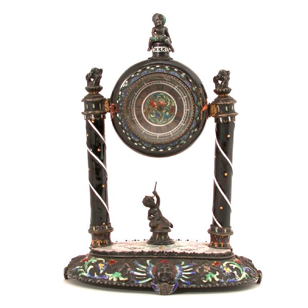 Clock, 19th c French: Clock, 19th c French enameled clock with circular face and pilar supports, decorated with figures of mermaid and neptune, 7" h, damage to enamel.