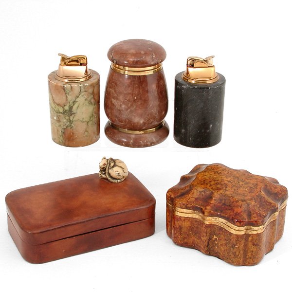 Lot of Cigarette Boxes & Lighters: Lot of Cigarette Boxes & Lighters, including an Italian leather box with affixed rat netsuke, a ceramic faux painted lidded box, two hardstone table lighters, and an associated hardstone cigarette hol