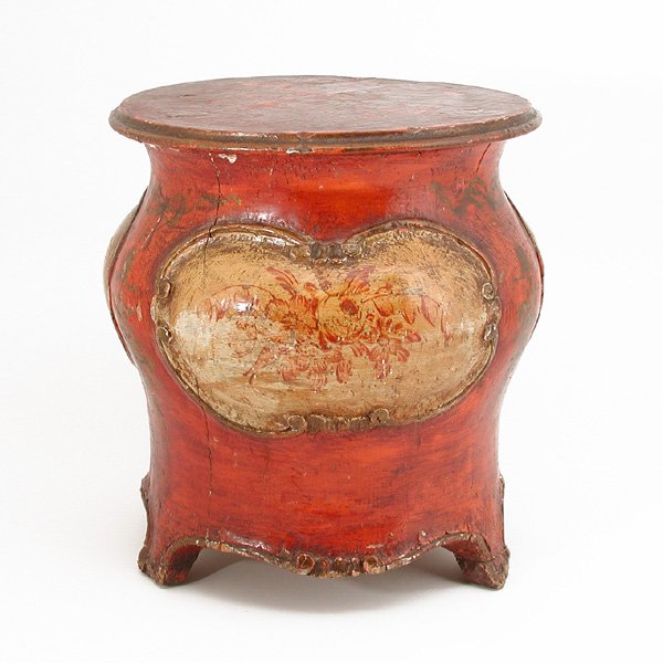Circular Stool, 18th c: Circular Stool 18th c, French, with bulbous-form body on three bracket feet, decorated with ornamented oblong-shaped panels of foliation on white ground and red lacquer body, 15 1/4"h x 13 ½"d, good 