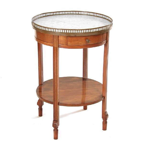 Napoleon III Style Table, 19th c: Napoleon III Table, 19th c, marble top with partially pierced brass gallery on four quadrangular supports interrupted by lower platform on circular legs, 29"h x 16"w x 11 ¾"d, good condition.