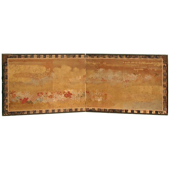Japanese Screen, Edo Period, Nadeshiko Flowers: Japanese two-panel teascreen, Nadeshiko Flowers and Landscape, townsman painter, middle Edo period, 21.25" h x 28.625" w x 2" d (folded), in good condition.