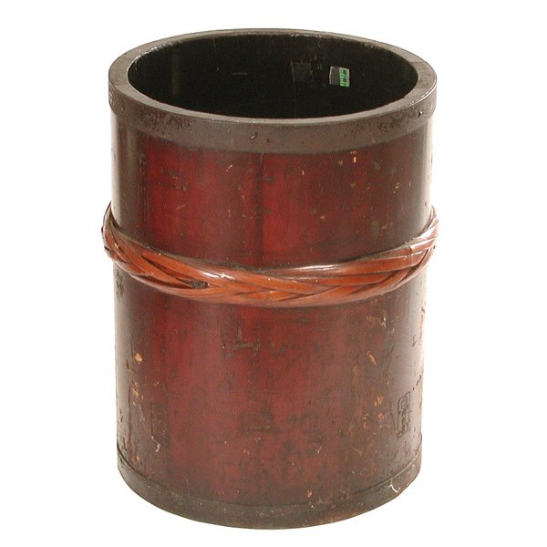Japanese Soy Container (Oke), 19thc.: Japanese Oke (soy container), lacquered wood and rattan, circa 1880, 16.5"h x 12.5"w x 12.5"d, good condition.