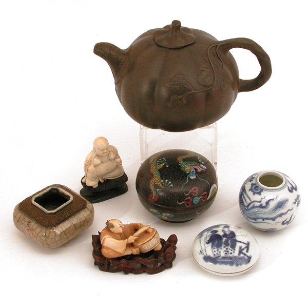 Lot of Japanese Decoratives: Lot of Japanese Decoratives including; ceramic gourd form teapot, cloisonne lidded jar, squat form blue glazed vase (stamped on bottom) carved Buddha figure with associated stand, carved netsuke figur