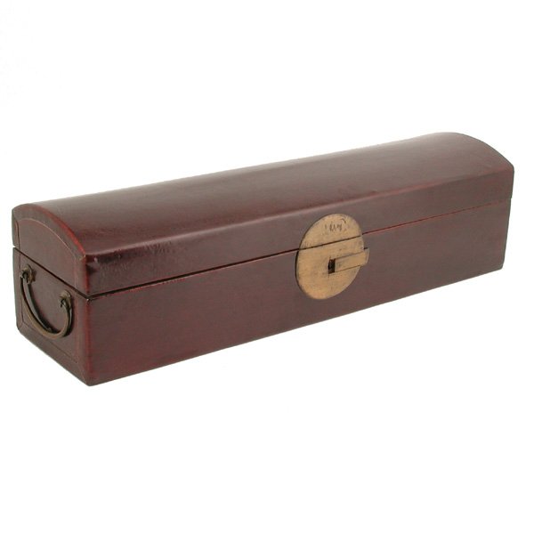 Chinese Pigskin Lacquered Scroll Box, 19th/20th c: Chinese pigskin lacquered scroll box, with hidden lock, brass handles, 7"h x 25" w x 7"d.