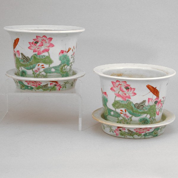 Pair of Chinese Planters: Pair of Chinese Planters and underplates, decorated with a dragonfly, beetle and hummingbird amidst peonies, stamped on bottom, 5" h x 7" d.