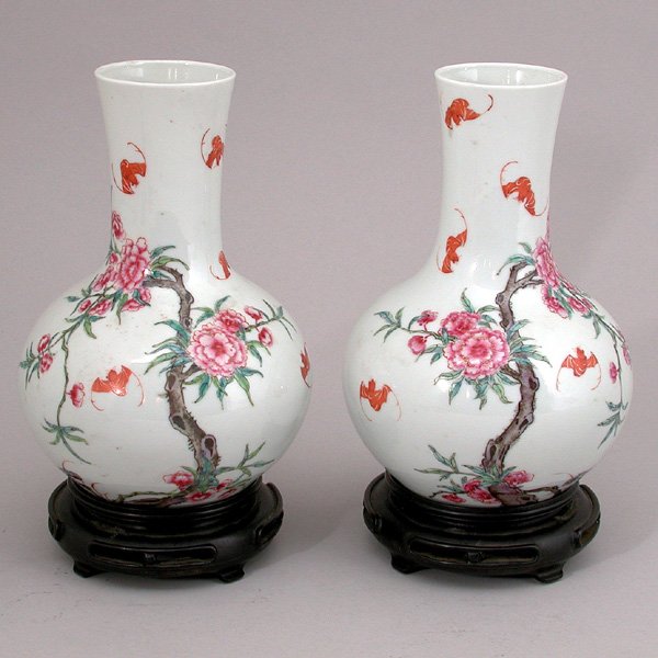 Pair of Chinese Porcelain Vases: Pair of Chinese Porcelain Vases, the baluster forms decorated with peony and bats, stamped on bottom, in fitted box with stands, height 7 1/2".