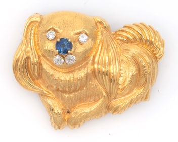 18k Yellow Gold Dog Brooch w/ Diamond & Sapphire Stone